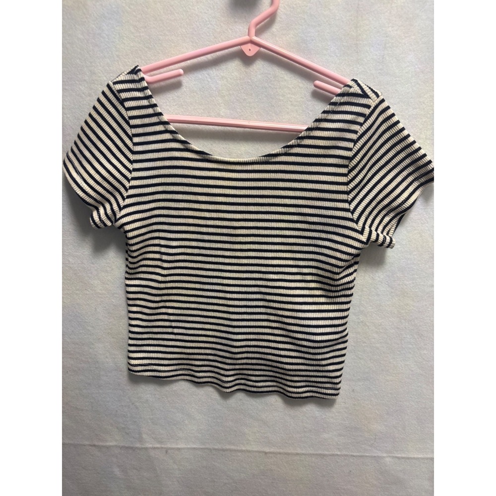 Zara‎ Trafaluc Striped Ribbed Crop Top Navy & White Short Sleeve Scoop Neck S